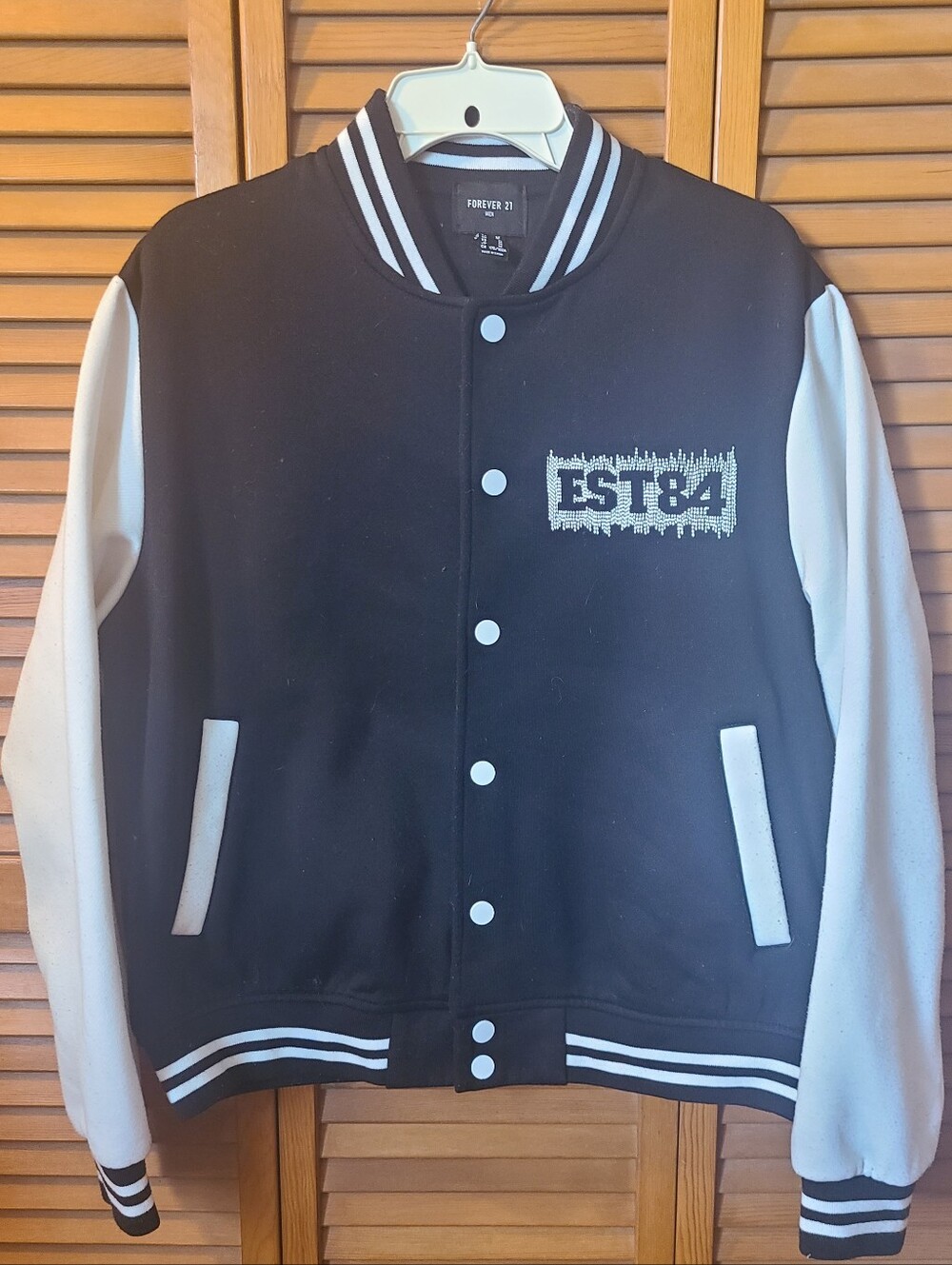 Forever 21 Black and White Varsity Bomber Jacket with EST84 Patch, Men's Size M
